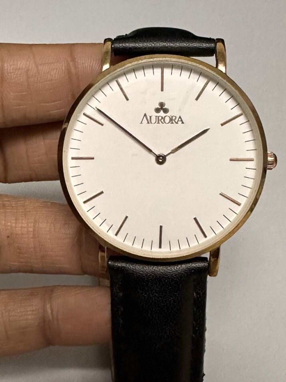 Aurora Watch Rose Gold Tone Case Black Leather Band 40mm New Battery 9.5"